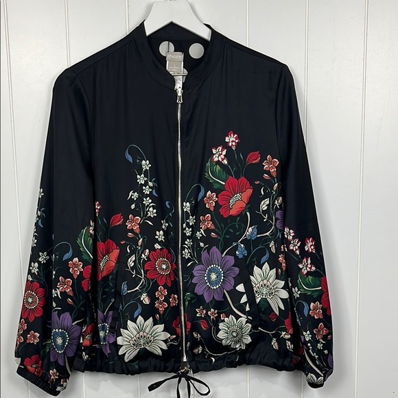 Chico’s Women Bomber Jacket 1 (8-10) Black Red Floral  Polka Dots Reversible EUC - Picture 1 of 14